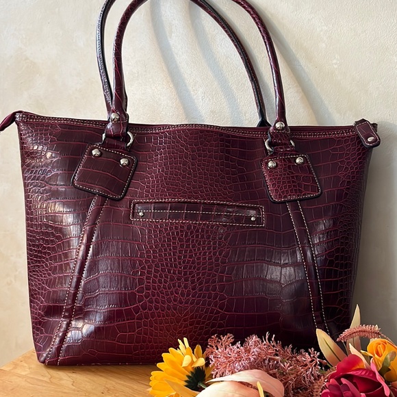 None Handbags - Burgundy snake skin embossed vegan leather tote bag with laptop pouch